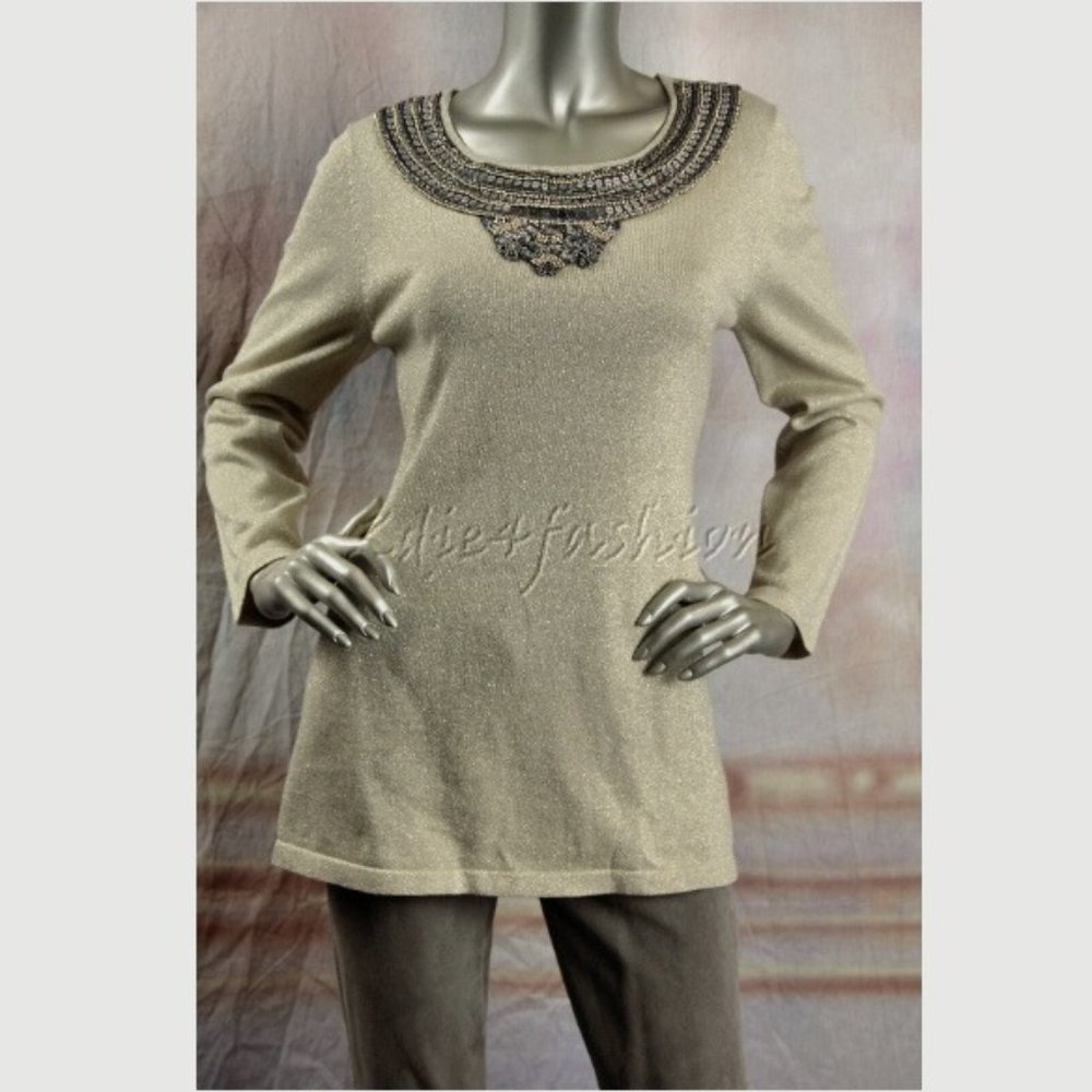 $1295 New MICHAEL KORS Beige Gold Metallic Beaded Sequin Neck Sweater 8